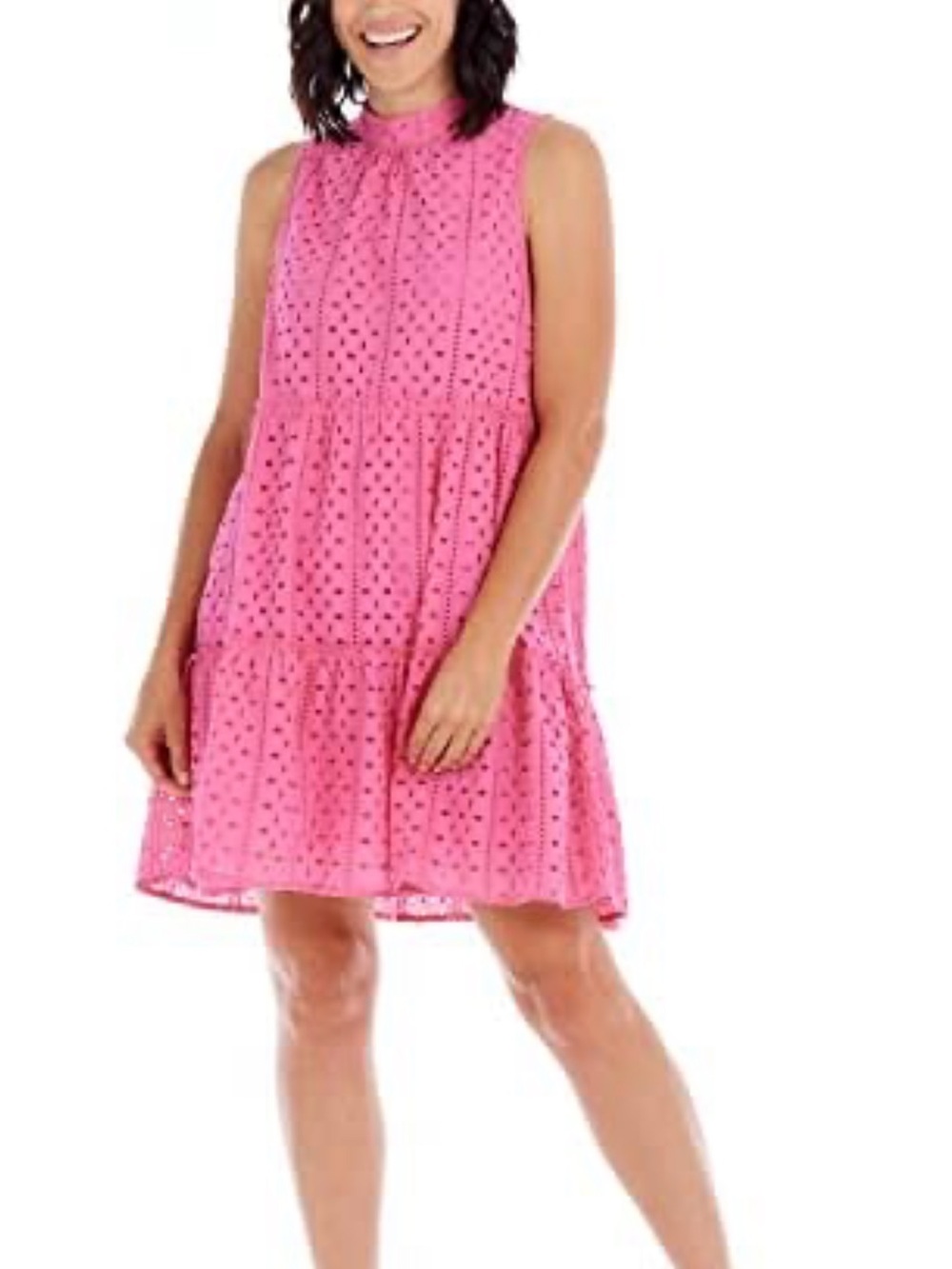 NWOT Mud Pie Biles Hot Pink Eyelet Tiered Cotton Mini Dress Size M Bow Tie Back